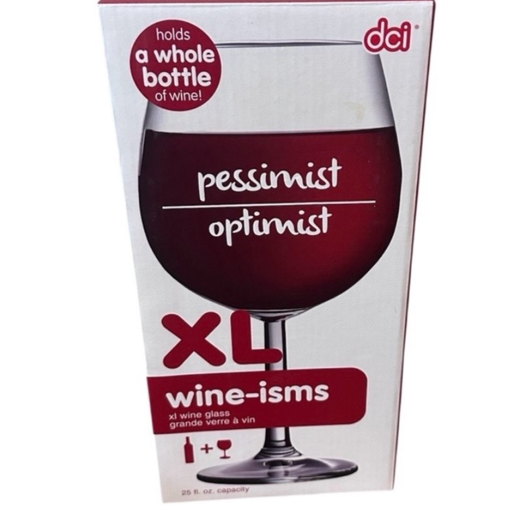 DCI Red XL Wine-Isms Glass with 'Pessimist / Optimist' Text